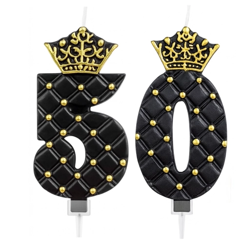 Świeczka na tort z koroną czarna cyfra świeczki 50 urodziny glamour