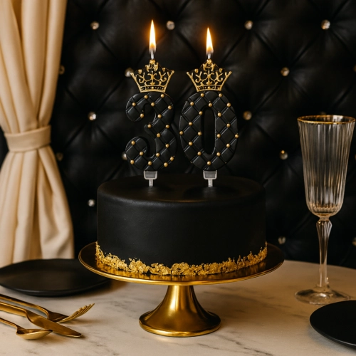 Świeczka na tort z koroną czarna cyfra 30 glamour
