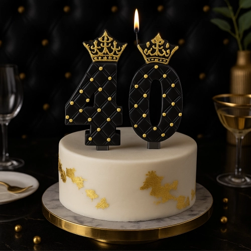 Świeczka na tort z koroną czarna cyfra świeczki 40 urodziny glamour