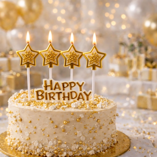 Świeczki gwiazdki złote brokatowe kulki napis happy birthday na bok tortu 5el