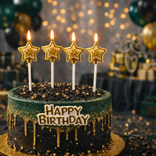 Świeczki gwiazdki złote brokatowe kulki napis happy birthday na bok tortu 5el