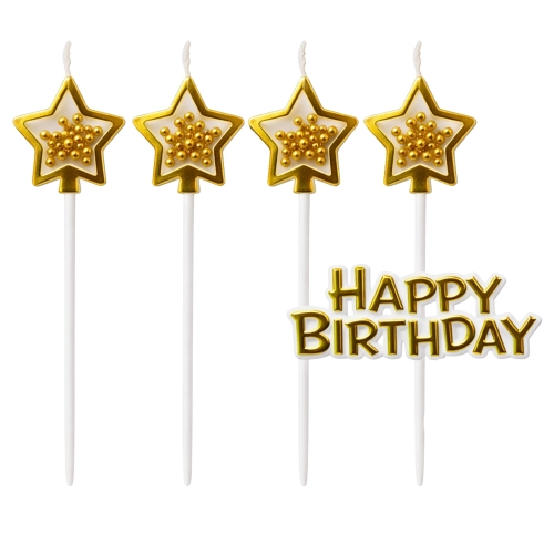 Świeczki gwiazdki złote brokatowe kulki napis happy birthday na bok tortu 5el
