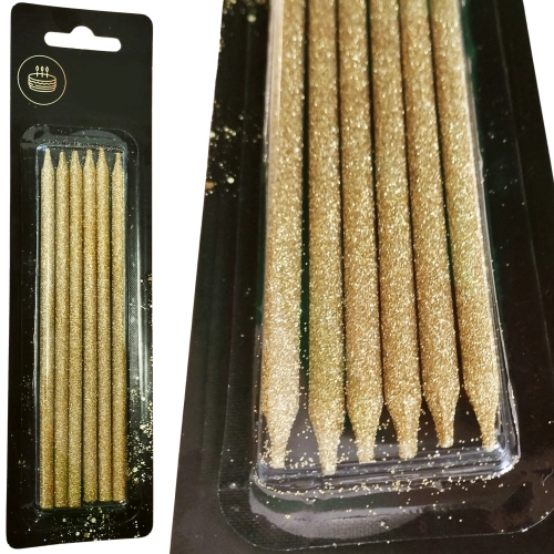 Świeczki na tort złota brokatowa świeczka prosta długa urodziny 6 sztuk