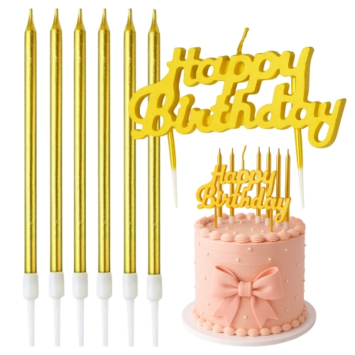 Świeczki ozdoby na tort świeczka prosta napis happy birthday dekoracje urodzinowe złote 7 sztuk