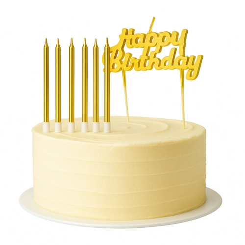 Świeczki ozdoby na tort świeczka prosta napis happy birthday dekoracje urodzinowe złote 7 sztuk