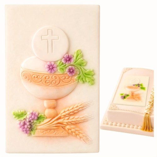 Figurka na tort hostia cukrowa złoty tabliczka ozdoby dekoracje komunijne chrzest