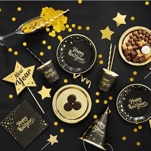 Serwetki papierowe czarne złote gwiazdki Sylwester Nowy Rok dekoracja Happy New Year 10 szt