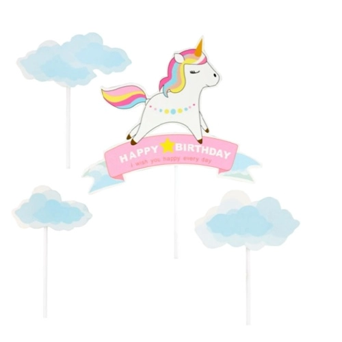 Topper piker ozdoby na tort jednorożec chmurki napis Happy Birthday dekoracje urodzinowe unicorn zestaw 4 sztuki