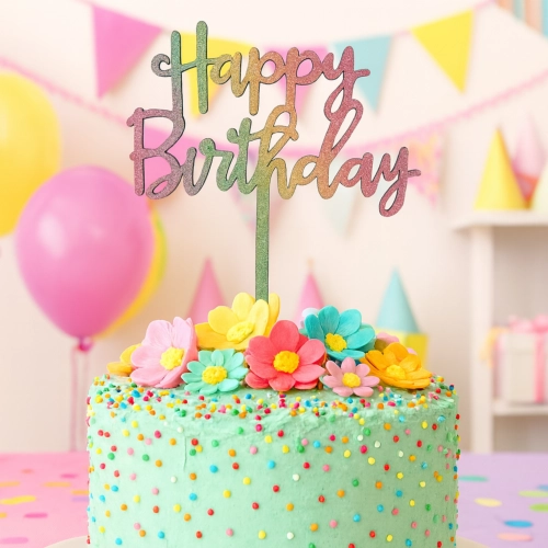 Topper na tort napis happy birthday urodziny kolorowy brokatowy ozdoby na tort