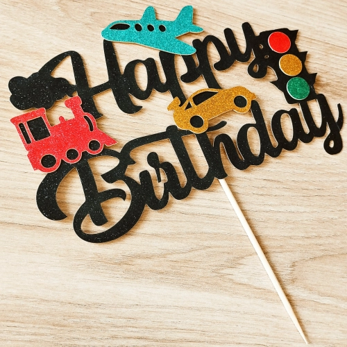Topper na tort napis Happy Birthday brokatowy pojazdy dekoracje urodzinowe