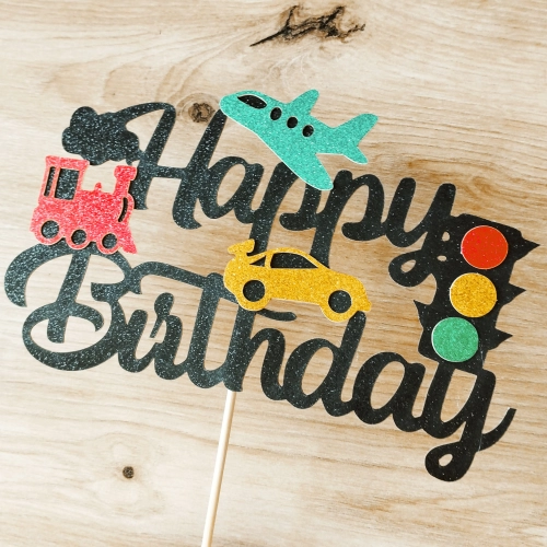 Topper na tort napis Happy Birthday brokatowy pojazdy dekoracje urodzinowe