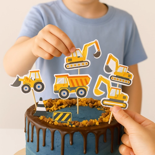 Topper na tort dekoracje urodzinowe maszyny budowlane ozdoby 6 sztuk