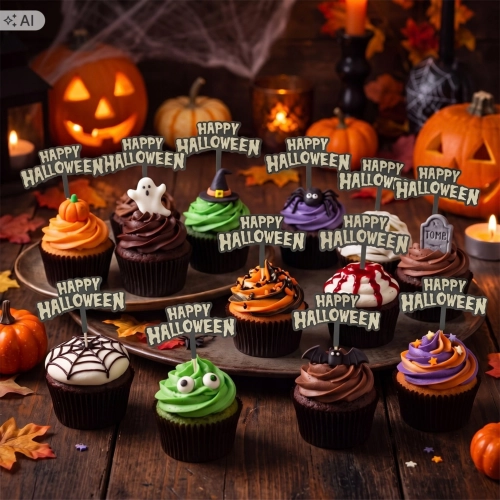 Topper na tort pikery na babeczki 12szt napis HAPPY HALLOWEEN fluorescencyjne