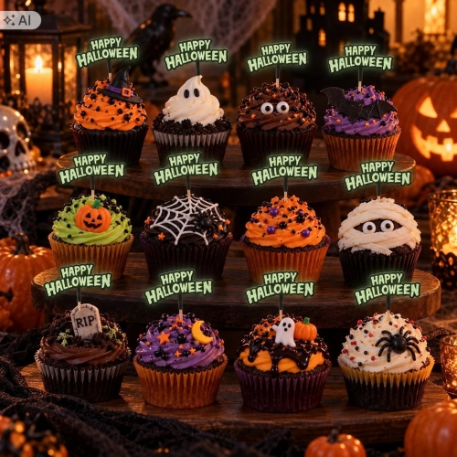 Topper na tort pikery na babeczki 12szt napis HAPPY HALLOWEEN fluorescencyjne
