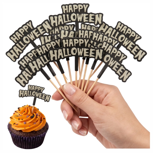 Topper na tort pikery na babeczki 12szt napis HAPPY HALLOWEEN fluorescencyjne