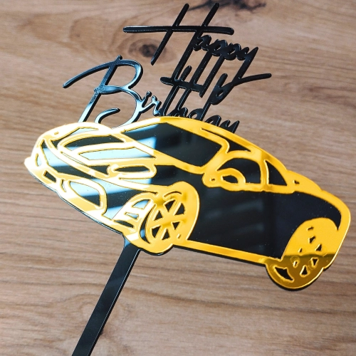 Topper na tort napis Happy Birthday czarny złoty lustrzany auto samochód dekoracje urodzinowe