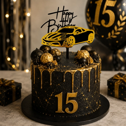 Topper na tort napis Happy Birthday czarny złoty lustrzany auto samochód dekoracje urodzinowe