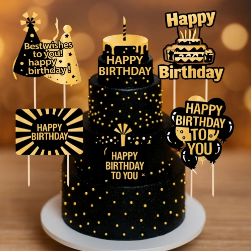 Topper ozdoby na tort napis Happy Birthday tort prezent balony dekoracje urodzinowe zestaw 6 sztuk