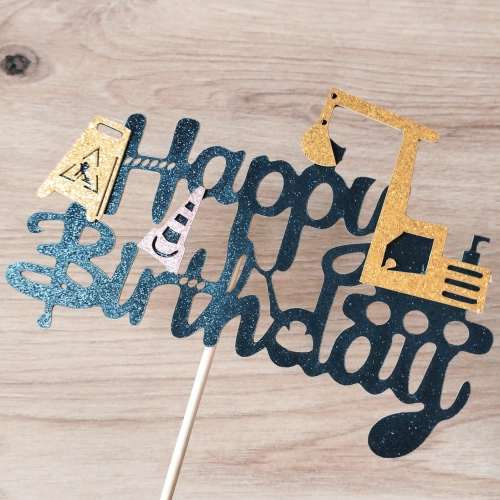 Topper na tort napis Happy Birthday brokatowy maszyny dekoracje urodzinowe