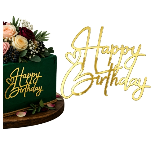 Topper na tort bok tortu Happy Birthday złoty lustrzany ozdoby dekoracje urodzinowe