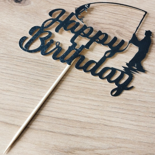 Topper na tort napis Happy Birthday czarny brokatowy wędkarz dekoracje urodzinowe