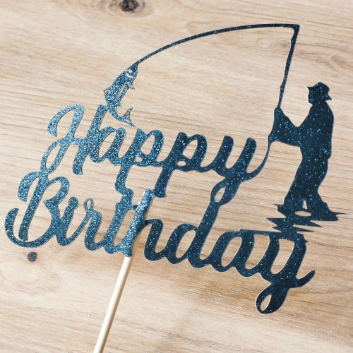 Topper na tort napis Happy Birthday czarny brokatowy wędkarz dekoracje urodzinowe