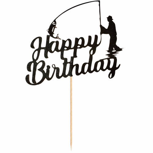 Topper na tort napis Happy Birthday czarny brokatowy wędkarz dekoracje urodzinowe