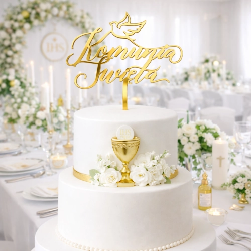 Topper dekoracja na tort Komunia Święta złoty z gołąbkiem napisem ozdoby komunijne 1szt