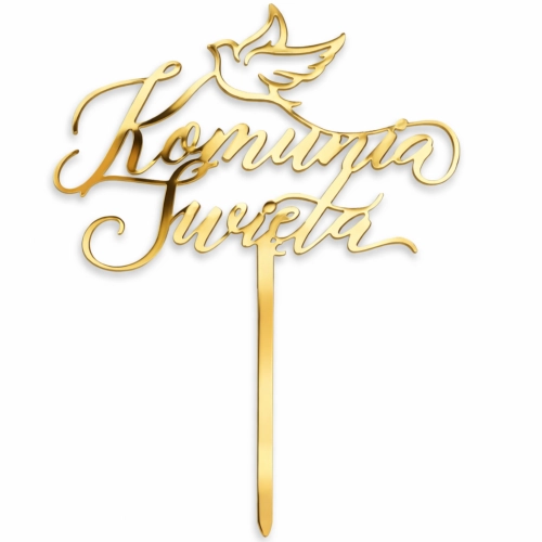 Topper dekoracja na tort Komunia Święta złoty z gołąbkiem napisem ozdoby komunijne 1szt