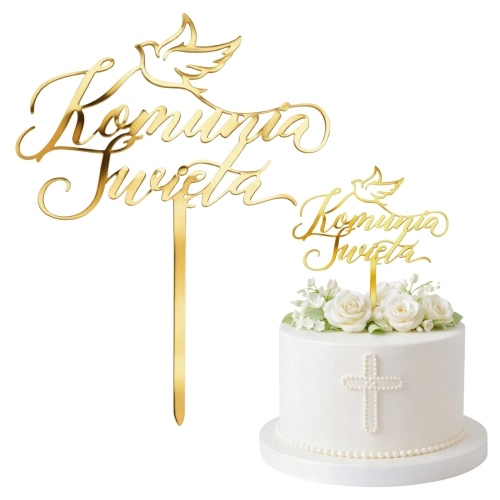 Topper dekoracja na tort Komunia Święta złoty z gołąbkiem napisem ozdoby komunijne 1szt