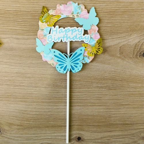 Topper na tort tęczowy napis happy birthday motylki na babeczki kolorowy