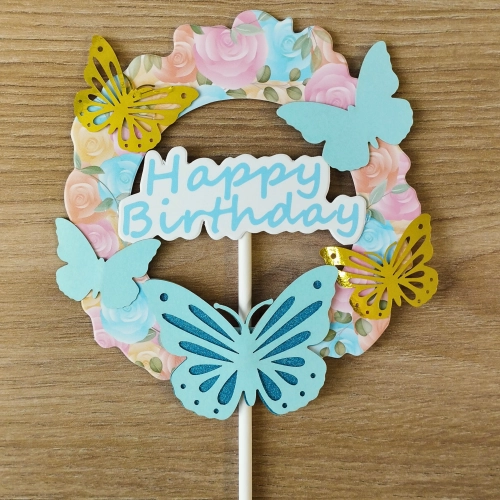 Topper na tort tęczowy napis happy birthday motylki na babeczki kolorowy