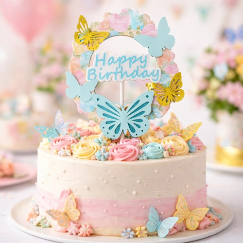 Topper na tort tęczowy napis happy birthday motylki na babeczki kolorowy