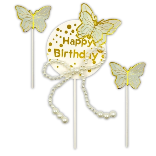 Topper piker ozdoby na tort babeczki napis Happy Birthday perełki z motylkami dekoracje urodzinowe zestaw 3 sztuk