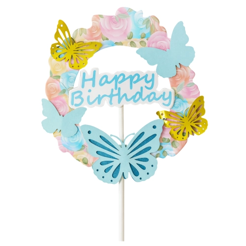 Topper na tort tęczowy napis happy birthday motylki na babeczki kolorowy