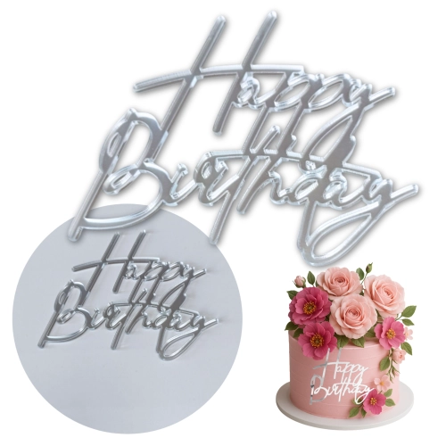 Topper na bok tortu ozdoby na tort napis Happy Birthday srebrny dekoracje urodzinowe 1szt