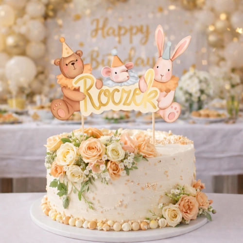 Topper na tort dekoracje urodzinowe napis roczek miś myszka królik