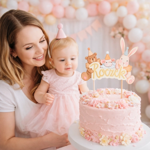 Topper na tort dekoracje urodzinowe napis roczek miś myszka królik