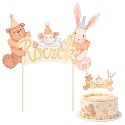 Topper na tort dekoracje urodzinowe napis roczek miś myszka królik