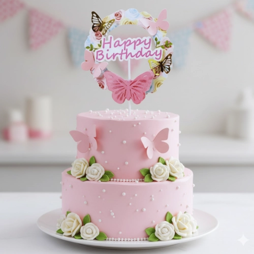 Topper na tort babeczki happy birthday motylki różowy złoty 1szt