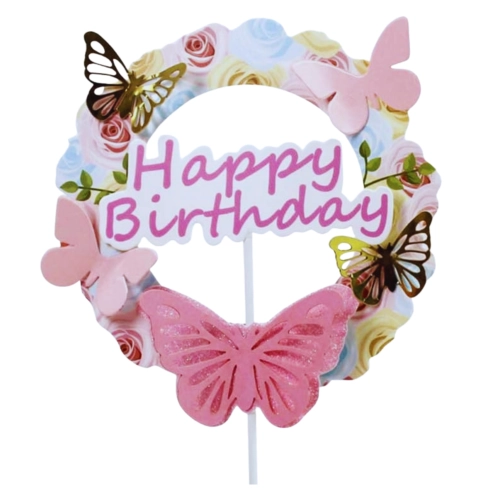 Topper na tort babeczki happy birthday motylki różowy złoty 1szt