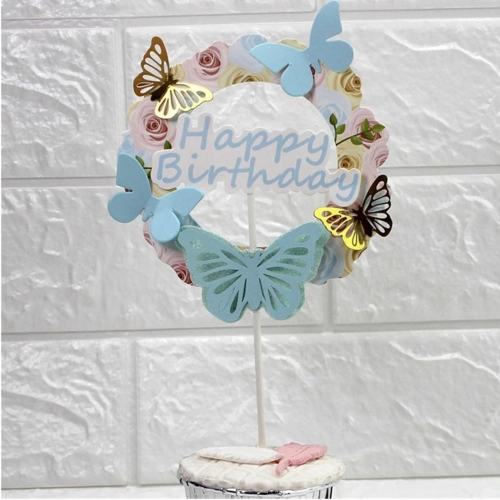 Topper na tort babeczki happy birthday motylki niebieski złoty 1szt