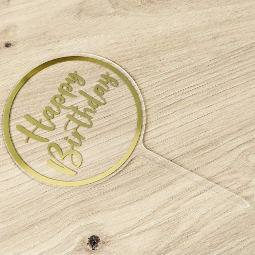 Topper na tort napis Happy Birthday transparentny złoty ozdoby dekoracje urodzinowe