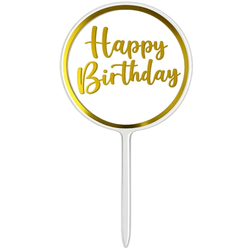 Topper na tort napis Happy Birthday transparentny złoty ozdoby dekoracje urodzinowe