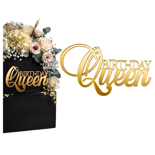 Topper na tort bok tortu BIRTHDAY Queen złoty lustrzany ozdoby dekoracje urodzinowe