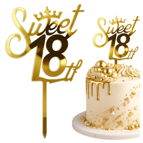 Topper na tort napis Sweet 18 złoty lustrzany ozdoby dekoracje urodzinowe