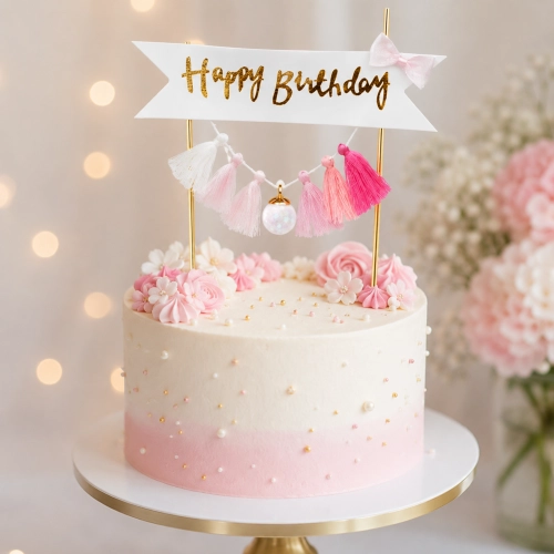 Topper girlanda ozdoby na tort napis Happy Birthday frędzle różowe dekoracje urodzinowe