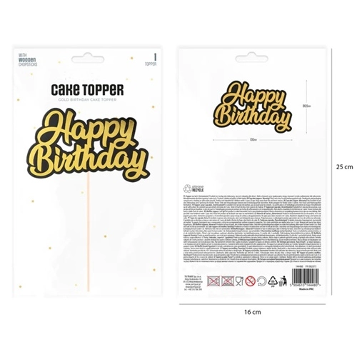 Topper ozdoby na tort napis Happy Birthday złoto-czarny dekoracje urodzinowe