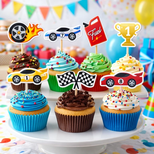 Topper na tort piker auta wyścigowe puchar meta na babeczki dekoracje urodzinowe