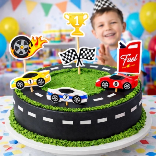Topper na tort piker auta wyścigowe puchar meta na babeczki dekoracje urodzinowe